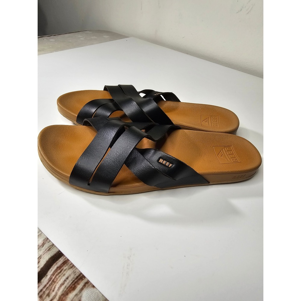 Reef Cushion Spring Bloom Womens 10 Black Tan Vegan Leather Slide Sandals